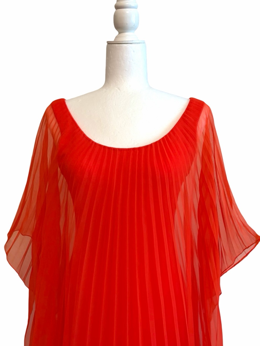 Vintage | Bright Orange Red Pleated Chiffon Goddess Dress - Picture 2 of 16